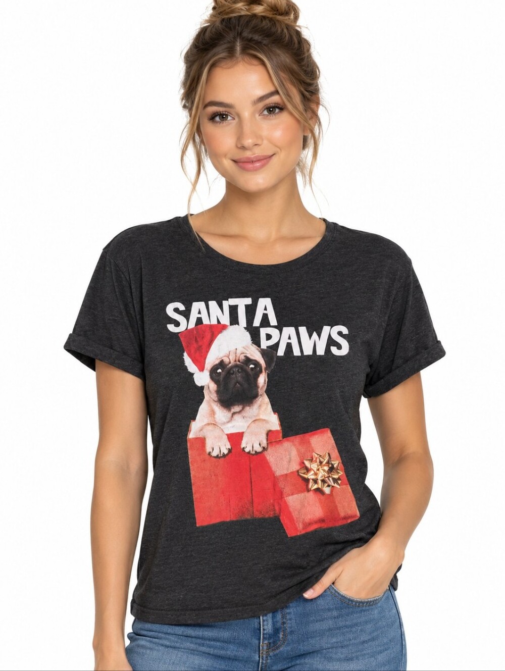 Papaya Santa Paws Christmas Pug Graphic T-Shirt Large Holiday Tee L